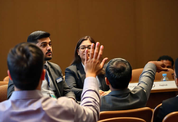 A seminar on social engineering attacks featuring a panel of experts. A Middle-Eastern male in formal attire speaks to the audience, while a Black female and a Hispanic female sit beside him, nodding in agreement. An Asian male in the audience raises his hand to ask a question.