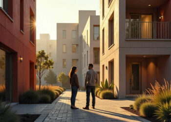 An urban landscape with multiple buildings featuring innovative cladding solutions, showcasing different textures and colors, with a focus on an Indigenous female architect discussing designs with a Caucasian male builder.