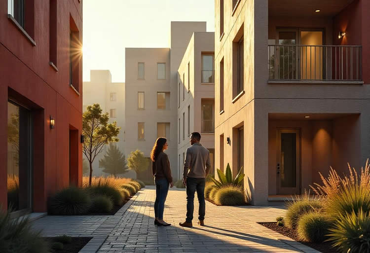 An urban landscape with multiple buildings featuring innovative cladding solutions, showcasing different textures and colors, with a focus on an Indigenous female architect discussing designs with a Caucasian male builder.