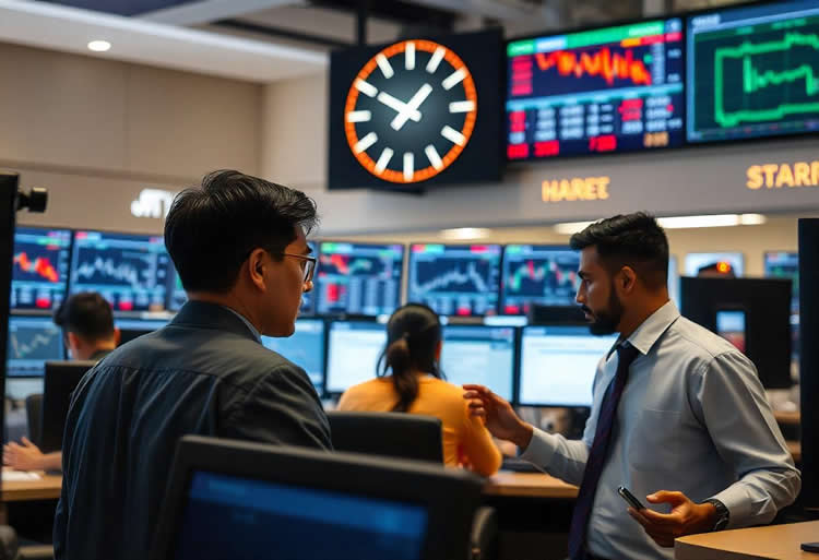 A busy trading floor filled with diverse traders, including Asian male, Black female, and Hispanic male, analyzing data on multiple screens displaying algorithmic trading charts and graphs, with a large digital clock in the background showing real-time market changes.